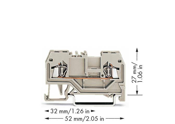 Pictured is a grey clamp with dimensions: 32 mm (width) and 27 mm (height). Below, a width of 52 mm is indicated.