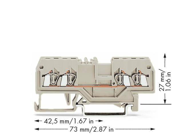 A grey terminal block with four clamping positions, shown with specified dimensions: 42.5 mm/1.67 in width and 27 mm/1.06 in height.