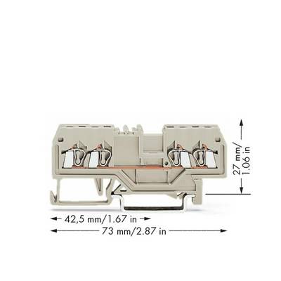 A grey terminal block with four clamping positions, shown with specified dimensions: 42.5 mm/1.67 in width and 27 mm/1.06 in height.