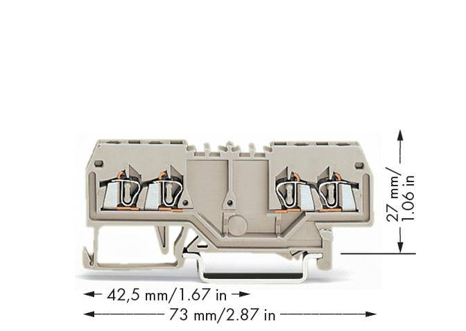 A grey, rectangular connecting element with four metallic contacts, framed by arrows and dimensions: 42.5 mm x 27 mm.