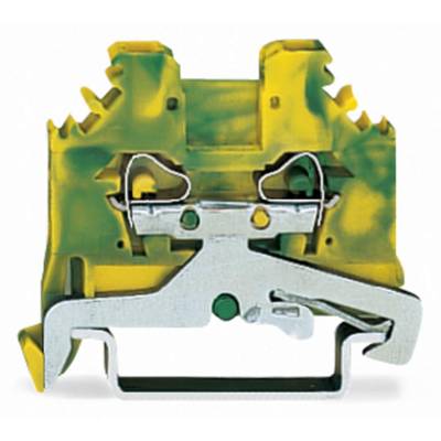 A yellow-green earth terminal block in close-up, used in electrical control cabinets for secure earthing connection.