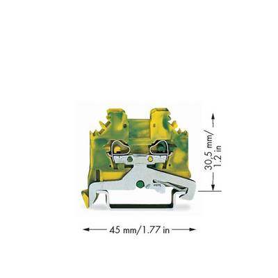 'Metal part in a yellow-green mounting, 45 mm wide and 30.5 mm high, with two metallic clips, presumably for fastening.'