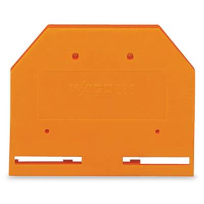 An orange plastic component with a rectangular shape and rounded corners. A stamp or imprint is visible in the centre.
