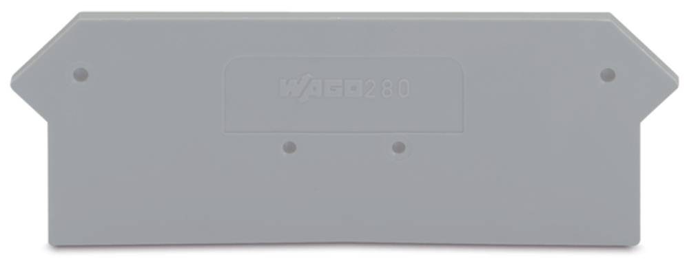 A grey, rectangular plastic piece with bevelled corners and three small holes. It has an embossed marking in the centre.