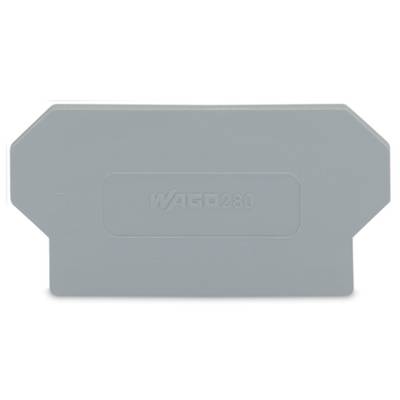 Grey end cover with 'WAGO 280' printed in the centre, used for covering and insulating terminal blocks.