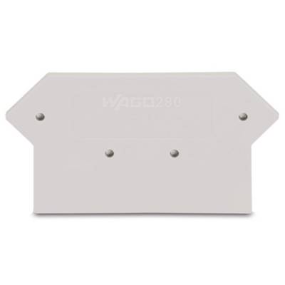 Grey end plate with the inscription 'WAGO 280', rectangular, serves as a termination for terminal blocks.