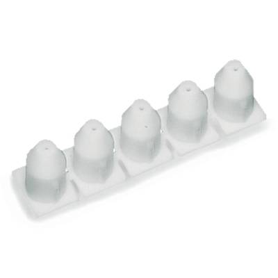 Five white conical objects arranged in a line on a rectangular base.