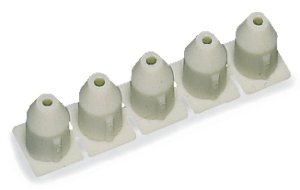 Five white plastic wall plugs in a row on a rectangular base, likely used for securing objects to a surface.