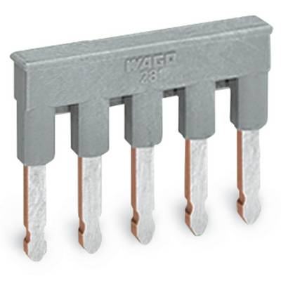 Grey junction box with five metal contact pins, marked with 'WAGO 281'.