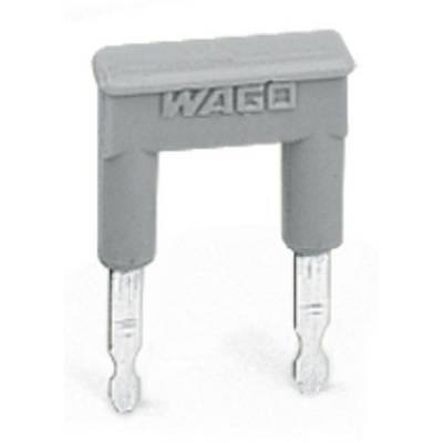 'Grey WAGO bridge connector with two metallic contacts, used for electrical connections in control cabinets.'