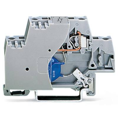 A grey electrical component, a surge protector in a housing, with visible metal and copper elements for routing conductors.