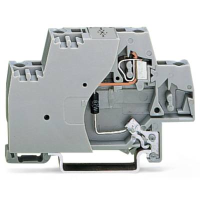 A grey electrical terminal block in close-up, showing internal wiring and connections for electrical interfaces.