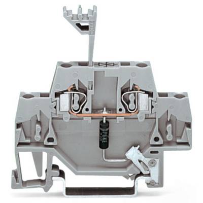 An electrical terminal block with an integrated diode, showing the connecting elements and the metal contact in the centre.