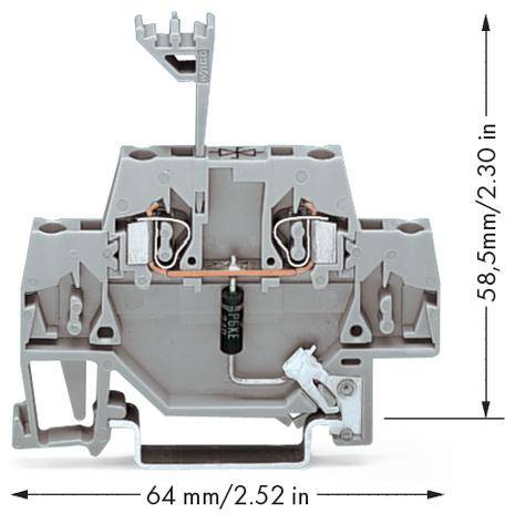 Grey electrical terminal block with dimensions: 64 mm (2.52 inches) width, 58.5 mm (2.30 inches) height.