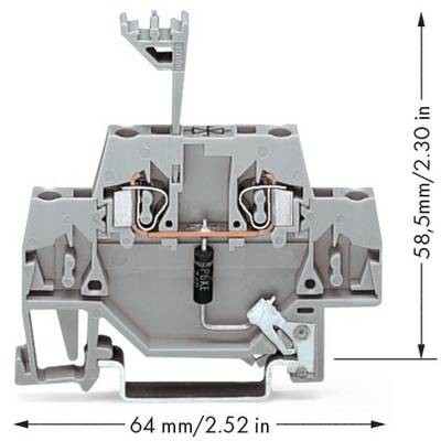 Grey electrical terminal block with dimensions: 64 mm (2.52 inches) width, 58.5 mm (2.30 inches) height.