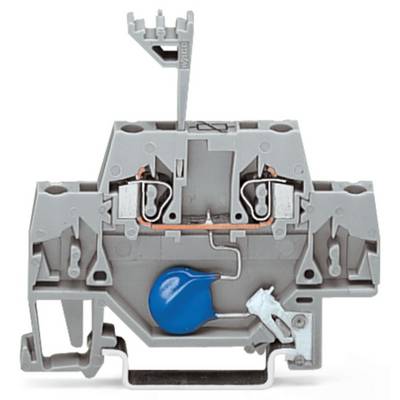 Grey terminal block with blue component and screw connection, suitable for electrical wiring in control cabinets.