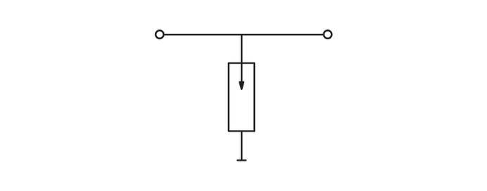 The image depicts a simple electrical circuit symbol for a cable gland with two connected points and an arrow pointing downwards.
