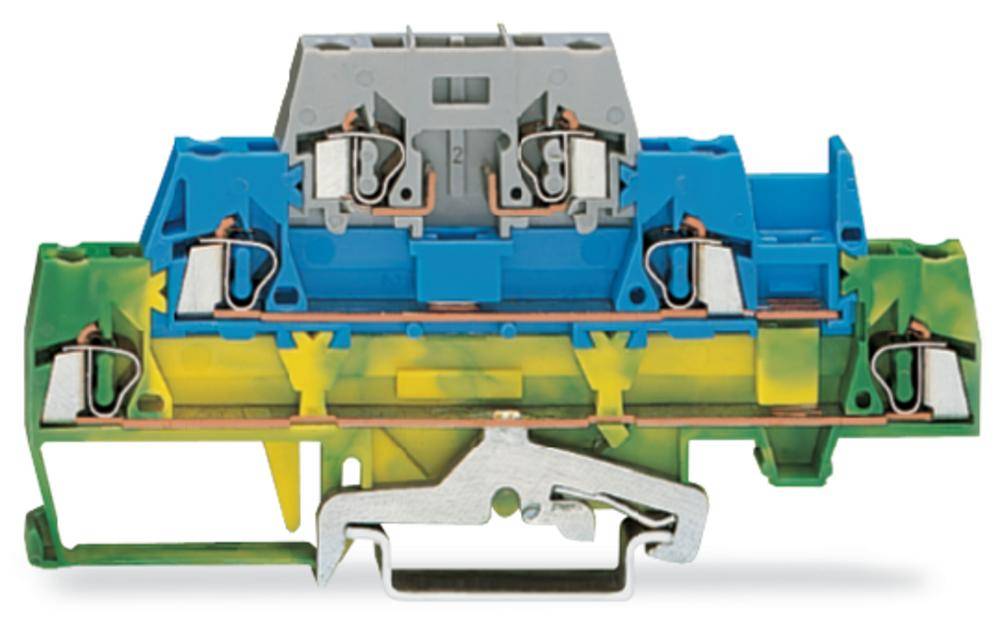 A multi-stage electrical terminal block for wiring in control panels. It consists of blue and yellow-green components.