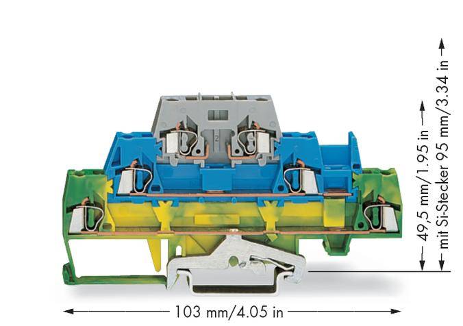 Terminal block with blue and green housing parts, dimensions: 103 mm/4.05 in width, 49.5 mm/1.95 in height, 95 mm/3.74 in with Si plug.