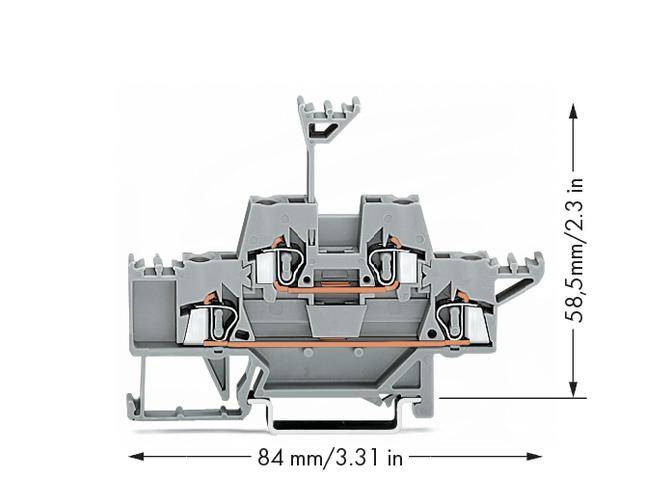 Grey electrical terminal block with dimensions of 84 mm width and 58.5 mm height. Detailed close-up of construction features.