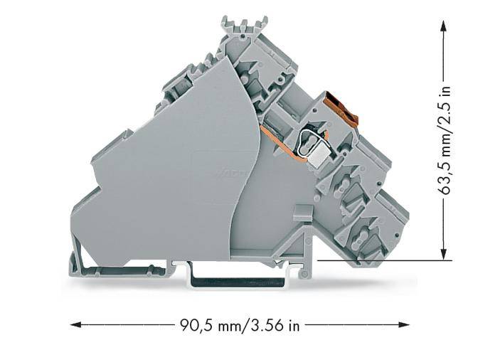 'Grey load-bearing clamp with dimensions: 90.5 mm length, 63.5 mm height. Mechanical details visible.'