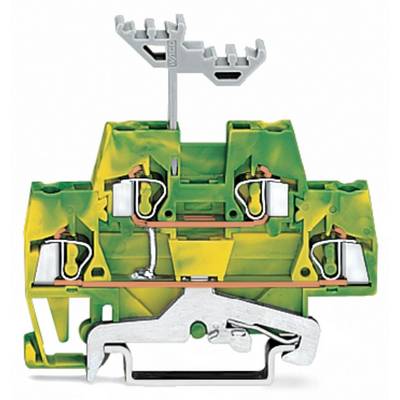 A green-yellow terminal block with multiple connections and a silver mounting bracket. Upper section featuring a fork-like structure.