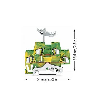 Cross-section of a green electrical connection block with dimensions: 64 mm/2.52 in width and 58.5 mm/2.3 in height.