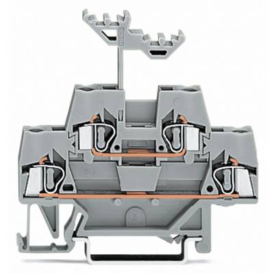 Grey mechanical terminal block with multiple copper connections and top mounting bracket, for electrical wiring.