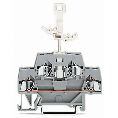 Grey module terminal block with double connection, lever on top for easy installation. Suitable for wiring in electrical installations.