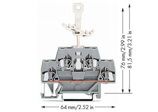 Grey electrical component with four terminals, side lever on top. Dimensions: 76 mm (2.99 inches) high, 64 mm (2.52 inches) wide.