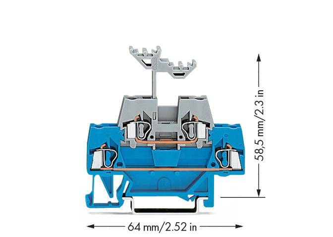 Cross-section of a blue electrical connector with grey terminals. Dimensions: 64 mm width, 58.5 mm height. A cable holder at the top.