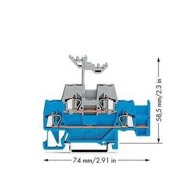 A blue electrical terminal block with grey connections. Dimensions: 74 mm wide, 58.5 mm high. Arrows indicate the measurements.