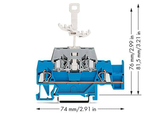 Electrical connector in blue with dimensions: Height 76 mm/81.5 mm, Width 74 mm. A metal lever is located at the top.