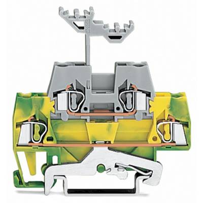 A yellow-green electrical terminal block with metal elements for secure wiring. Upper grey hooks for stability or mounting.