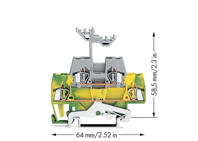 Switching terminal with a yellow-green housing and grey components. Dimensions are specified as 64 mm width and 58.5 mm height.