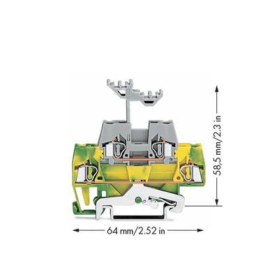 Switching terminal with a yellow-green housing and grey components. Dimensions are specified as 64 mm width and 58.5 mm height.