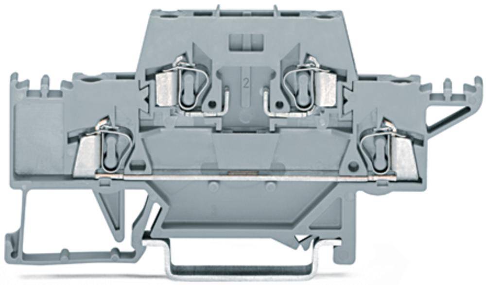 Grey, multi-pole electrical terminal block for cable connection with metal clamps and mounting rail for industrial applications.