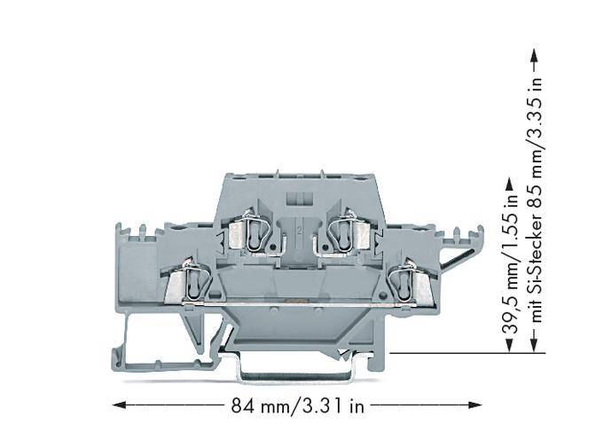 Grey-blue terminal block with dimensions: 39.5 mm height, 84 mm width. Markings indicate dimensions. Suitable for industrial applications.