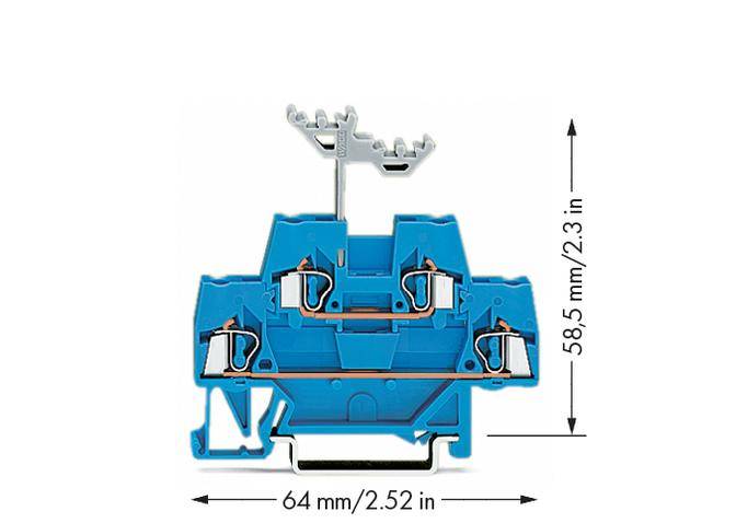 Electric terminal block in blue with six connection points. Dimensions: 64 mm width and 58.5 mm height.