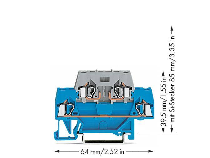 An electrical switch in blue and grey with dimensions: 64 mm width, 39.5 mm height, and 85 mm height with plug.