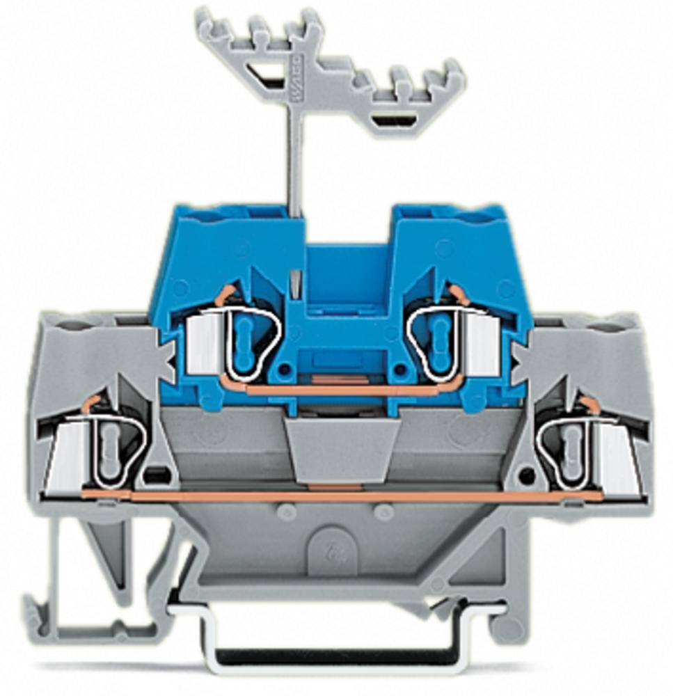 A blue and grey electrical terminal block with metal contacts and a fixing mechanism in the centre of a cross-section.