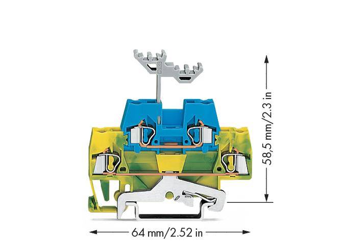 A blue and yellow electrical terminal block module with a height of 58.5 mm and a width of 64 mm.