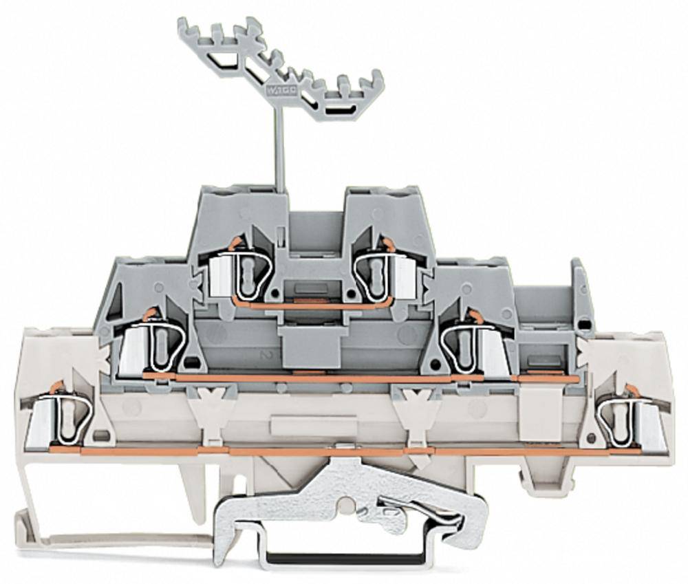 A multi-stage, grey terminal block socket with multiple connection points, lever, and mounting rail, commonly used in electrical engineering.