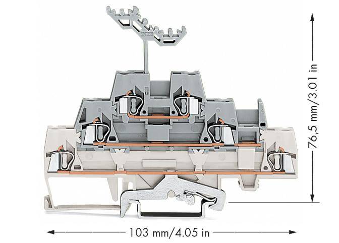 Cross-section of a three-stage terminal block with dimensions: width 103 mm (4.05 inches), height 76.5 mm (3.01 inches).