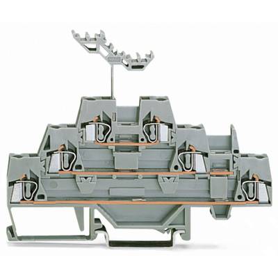 A grey electrical terminal block with multiple connection points and an upper marking holder, designed for mounting on DIN rails.