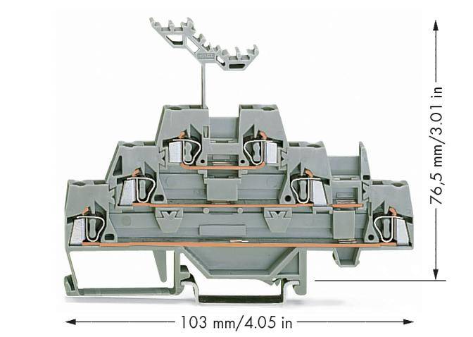 Cross-section of a grey terminal block with five connection points and spring mechanism. Dimensions: 103 mm x 76.5 mm.