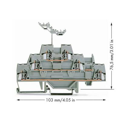 Cross-section of a grey terminal block with five connection points and spring mechanism. Dimensions: 103 mm x 76.5 mm.