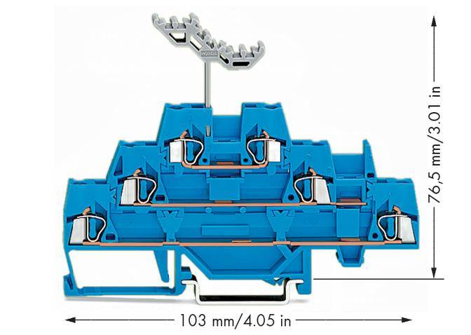 A blue electric terminal block adapter measuring 76.5 mm high and 103 mm wide.
