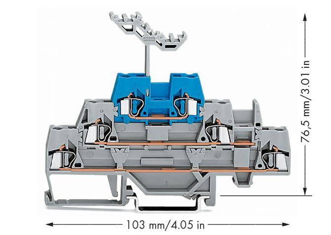 Electrical terminal strip, blue-grey, with dimensions: 103 mm wide, 76.5 mm high. Shows wire routing and contact points.
