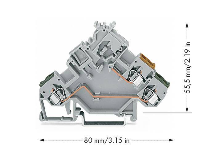 Grey-orange terminal block, 80 mm wide, 55.5 mm high, with arrows indicating length and height.